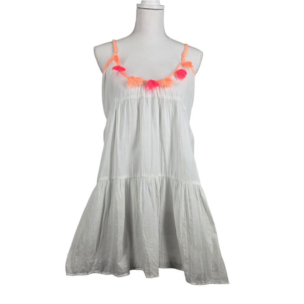 WOMEN’S WHITE MULTI-COLOR TASSEL‑TRIM SWIM COVER‑UP – SIZE S-M (MEASURED)